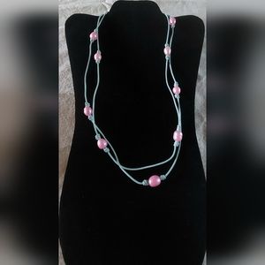 Handmade Pink Pearl & Baby Blue Leather Necklace